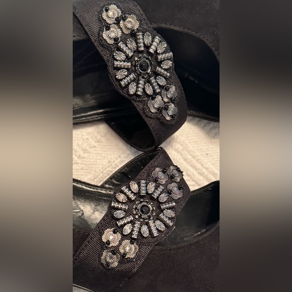 Tahari Size 8.5 Eva heels with beaded embellishments on strap. Black suede. - Picture 5 of 16